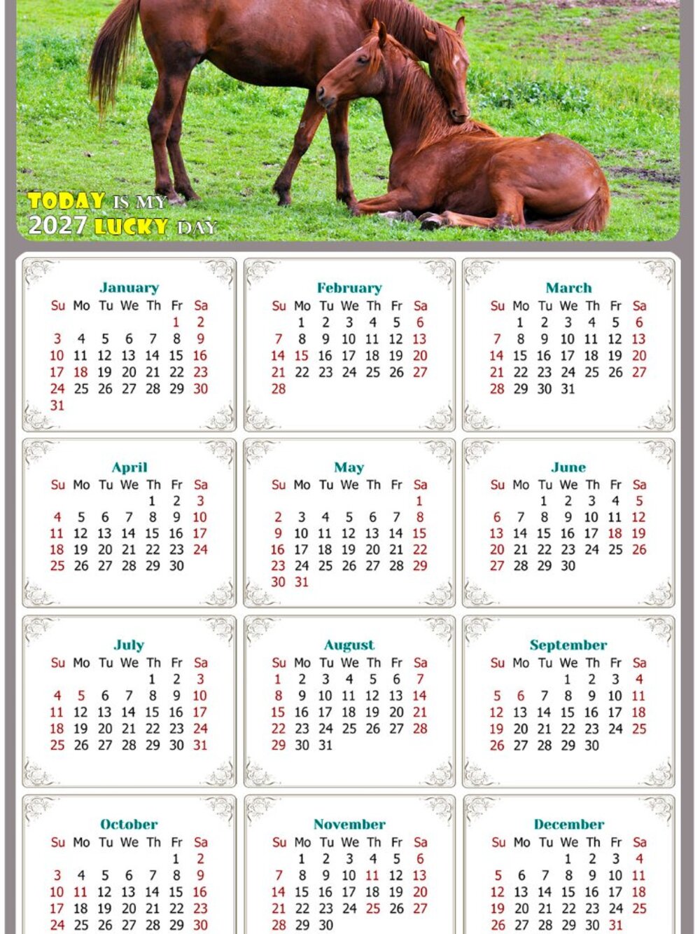 2027 Magnetic Calendar - Today is my Lucky Day - Horses Themed 019 (5.25 x 8)